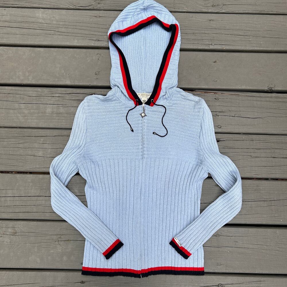 St John Sport Marie Gray Wool Blend Ribbed Zip Hoodie Sweater L Y2K Blue